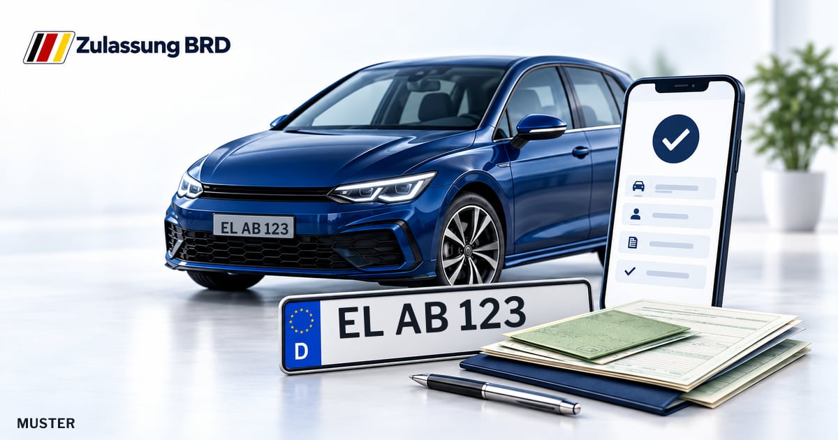 Online Fahrzeugzulassung in Werlte: Musterkennzeichen EL AB 123, Auto und Fahrzeugpapiere und Smartphone. Illustration mit Logo von Zulassung BRD.